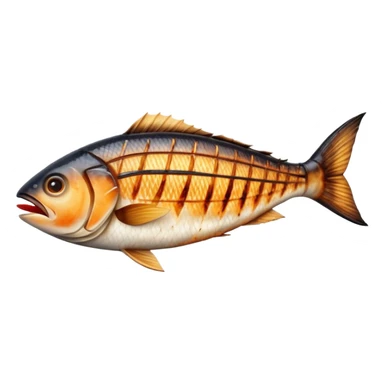Cinematic Realistic Gradele (Grilled Fish) Dish Emoji, depicted as perfectly grilled fish with a smoky, charred finish rendered with lifelike detail and appetizing, natural lighting. sticker