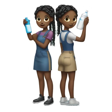 two black girls with braids in a ponytail standing showing entire body, standing with their backs touching  holding cleaning supplies in their hands i front of them sticker