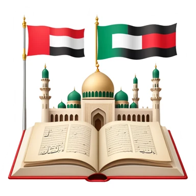 An icon featuring the mosque and the big flag of United Arab Emirates, symbolizing the Arabic language. The design includes an open book with Arabic script and calligraphy, representing language learning and cultural heritage. Transparent background sticker