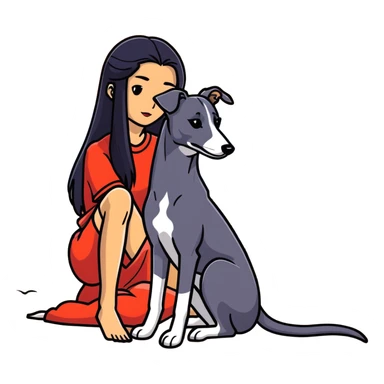 A very beautiful and attractive 25-year-old Chinese woman with long flowing black hair and a SOLID DARK GREY whippet sitting together on a beach during a beautiful sunset. The whippet MUST be COMPLETELY SOLID DARK GREY with ABSOLUTELY NO WHITE MARKINGS ANYWHERE - no white chest, no white face, no white paws, no white tip on tail - ENTIRELY ONE SOLID DARK GREY COLOR throughout the entire dog. Orange and red sunset sky over the ocean, sandy beach in the foreground. sticker