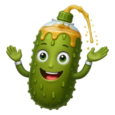 a cartoon pickle with juice squirting from the top of it, being squeezed by a hand sticker