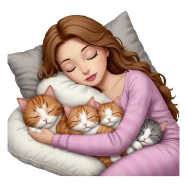 girl with long wavy brown hair, brown eyes, long lashes makeup, sexy pink lips, light to medium complexion,  sleeping on a cozy pillow, with 6 cats: 1 brown and white tabby cat, 1 ginger and white, 2 grey and white, 1 grey with white mittens and small white patch on chest and 1 calico, sleeping sticker