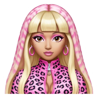 Nicki Minaj in pink and white leopard print outfit from Super Bass music video with bangs and split-dyed hair blonde on left side pink on right side sticker