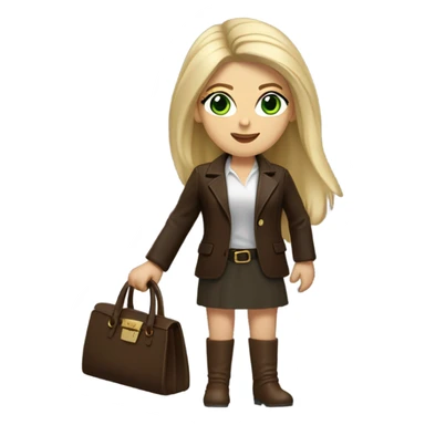 Realistic White woman with Long straight blonde hair and green eyes, dark Brown oversize leather blazer, mini skirt and Brown heeled leather boots, holding handbag sticker