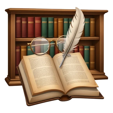 An icon featuring an open book with classic text, a feather quill, and reading glasses, symbolizing literary studies. The design includes old library shelves and vintage manuscripts in the background. Transparent background emphasizes the deep analysis of written works and literary history. sticker
