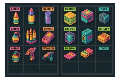 a virtual display, a gray grid with darker gray cells, each cell containing an item viewed in isometric minimalism render The cells have pastel neon colored labels in their upper corner, indicating various traits of the items. retrofuturism, circa 2880's.
The items are scientific and military in nature - varieties of munitions, scientific samples, rations, data storage, utilities. There are two arrays of grids, one left, one right. Each array has a few empty spaces at the bottom. "graphic realism." brutalism. the items are adorned in bright colors, neon-safety, early 90's pallete sticker