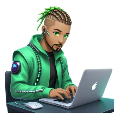 Light skinned African American male with green eyes as a cyberpunk hacker with cornrows hairstyle but short cornrows  with goatee facial hair  coding on laptop  sticker
