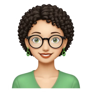 Very slim woman, light skin, short dark curly hair, black round glasses, green earrings, thin build, warm smiling face. Cartoon style. sticker