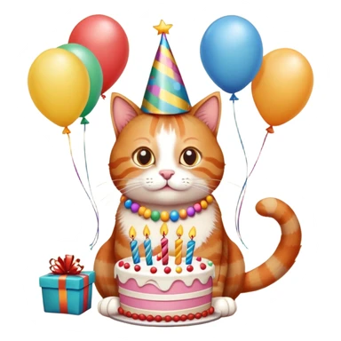 Ginger cat celebrates birthday, birthday hat, birthday cake, balloons, happy, gifts sticker