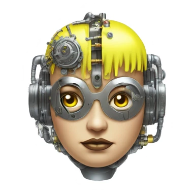 Fat faced Caucasian female cyborg head with Neon yellow bobbed hair, silver steampunk goggles and circuits sticker