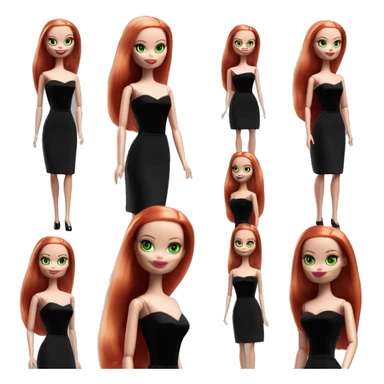  Bunny Wednesday Addams Barbie dancing.  Green eyes with light complexion face. Longer red hair. black flowing strapless tight evening gown with  plunging neckline that’s off-the-shoulders that also shows her legs and black shiny velvet high heel shoes. sticker