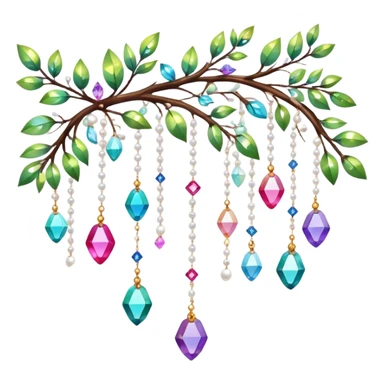 Exotic colorful romantic Few cute tiny Iridescent glistening glossy sparkly shiny glittery hanging crystals pearls and beads and gemstones scenery scenic decorations with branches and flowers sticker