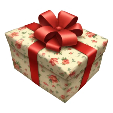  gift wrapped in vintage floral paper, topped with a thin red ribbon bow. sticker