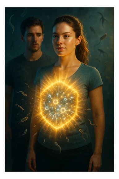 A hyper-realistic, cinematic image showing a young woman with a glowing, radiant aura symbolizing a very strong immune system. She stands confidently, surrounded by a dynamic shield of light particles and molecular energy swirling around her body, especially focused around her abdomen and chest. Against this luminous barrier, faint translucent representations of parasites—small worm-like and protozoan shapes—attempt to approach her but are visibly repelled or disintegrating upon contact with the shield. Nearby, a young man representing her boyfriend is shown with subtle, shadowy parasite silhouettes near him, some reaching toward her but unable to penetrate her immune defenses. The background is softly blurred to keep the focus on the energetic battle at the forefront, with cool blues and warm golds contrasting to symbolize health, vitality, and defense. The lighting is dramatic yet hopeful, with a cinematic 35mm film style emphasizing sharp detail on her determined face and the swirling protective energy. The overall tone conveys resilience, protection, and the unseen battle inside the body. sticker