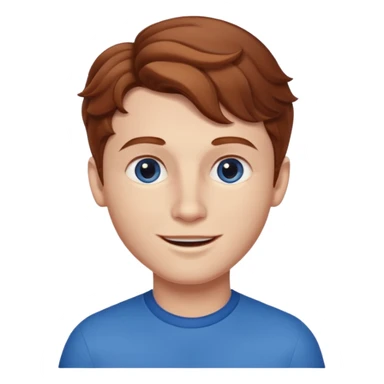 Please generate a portrait of a boy. He has wavy, light brown to reddish-brown hair, a right side parting, longer sideburns, blue eyes, a snub nose, and a somewhat pronounced, strawberry-red pout. He is smiling. sticker