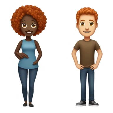 Create an emoji of a couple: a woman with curly long red hair and a man with very short straight black hair and dark brown skin. Both should be smiling and hugging sticker
