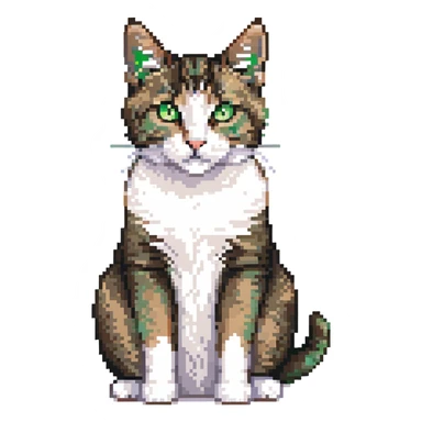 Brown, white, and black tabby cat with green eyes sitting to show its white belly, pixelated art sticker