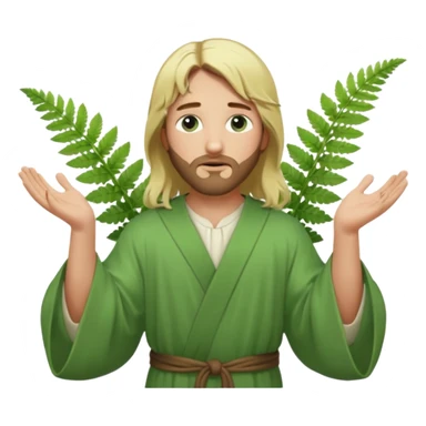 Jesus, green eyes, blonde hair, light green robe. opening arms, gazing thoughtfully. Soft light, subtle fern. Waist-up, profile. sticker