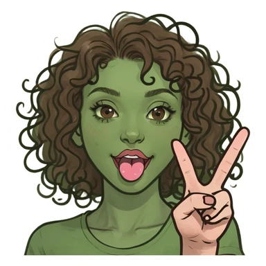 Brown haired curly haired girl with her tongue sticking out and a peace sign  sticker