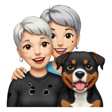 Pitt bull rottweiler white muzzle with black spots tongue out next to older woman with short silver hair sticker