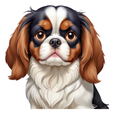 Cinematic Grumpy Tri-Colour Cavalier King Charles Spaniel Portrait Emoji, Head tilted slightly with a deeply unimpressed expression, thick tri-colour fur with pronounced black, white, and tan markings, large, droopy brown eyes narrowed into an unamused glare, ears slightly drooping in exasperation, Simplified yet comically expressive features, highly detailed, glowing with a dry, sarcastic glow, high shine, effortlessly judgmental yet dignified, stylized with a touch of cynicism, bright but brooding, soft glowing outline, capturing the essence of an eternally unimpressed yet endearing companion, so lifelike it feels like it could sigh heavily at you in disdain at any moment! sticker