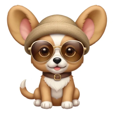 Cute puppy with oversized ears wearing sunglasses and a tiny hat sticker