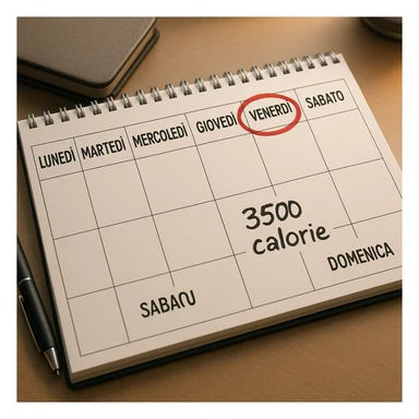 A hyperrealistic weekly calendar viewed from above in Italian, showing days from Monday to Sunday. Friday is circled in red. Below both Saturday and Sunday, the text '3500 calorie' is clearly visible. The image has 4K details and a desk atmosphere. sticker