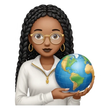 a young woman wearing fine gold round glasses and black hair in several box braids, no earrings, she has light black skin, and she's wearing a white shirt with a black quarterzip. She's holding a globe in one hand sticker