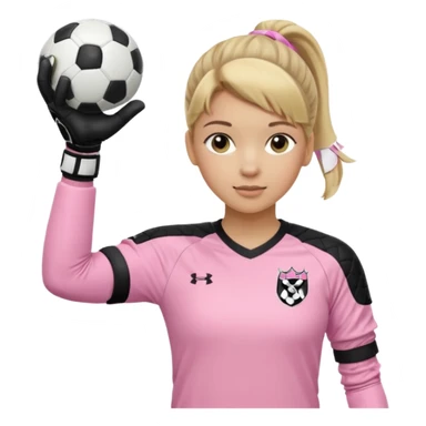 Make a dirty blonde football goalkeeper with goalkeeper gloves on. The girl is light skinned and wearing a light pink football kit. Wearing one ponytail on back of head. Make it without the whole body. With full sleeves. No RUGBY BALL JUST BLACK AND WHITE BALL. Holding ball under armpit sticker