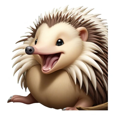 Cinematic Cute Yawning Echidna Portrait Emoji, Head tilted slightly with a dramatic, wide-open yawn, showcasing a soft, downy spiky fur with a slightly drooping snout and small, drowsy eyes, Simplified yet irresistibly adorable features, highly detailed, glowing with a soft, cozy glow, high shine, relaxed yet expressive, stylized with a touch of prickly whimsy, bright and endearing, soft glowing outline, capturing the essence of a sleepy yet affectionate echidna, so drowsy it feels like it could curl up out of the screen for a nap! sticker