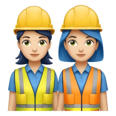 Um homem e uma mulher amarelos com capacete de obras azul escuro e camisa social cinza com faixas refletivas verdes nos braços. Um deles deve estar segurando um megafone sticker