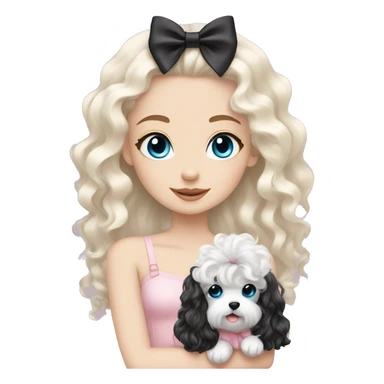 pale blonde girl with long platinum white wavy hair with blue eyes and wearing a light pink hair bow holding a black and white curly haired puppy also wearing a hair bow sticker