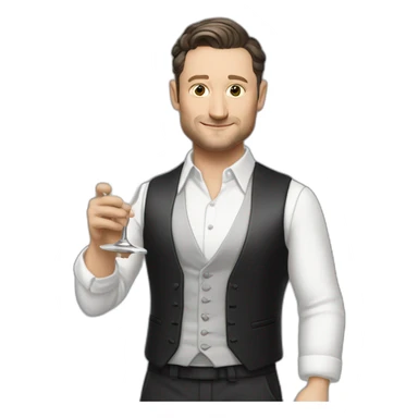 tim robinson dark black slicked back hair white shirt with a light grey vest spraying champagne sticker