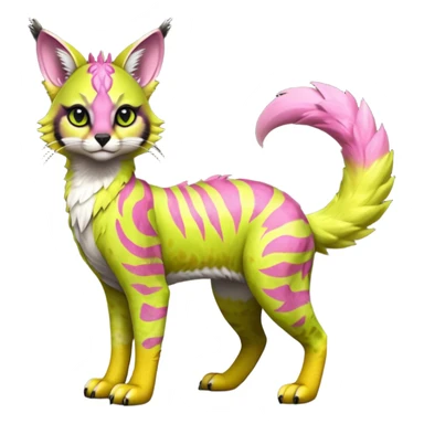 Cute kawaii cool edgy badass  vivid tropical mango-lime-pink splash-patterned silky fur fantasy-caracal-civet-genet-sergal-vernid-Gryphon-Cacomistle-Trico-oncilla-animal-Fakémon-hybrid-fursona (full body), facial markings, (realism style) sticker