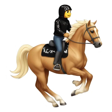  A Palomino horse running with a black sequin rug on the back and a brown rider on the back  sticker