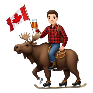 Canadian lumberjack man wearing red and black flannel shirt, drinking from a jug of maple syrup, holding a Canadian flag, and wearing ice skates, while riding on a moose, with snowcapped mountains in the background sticker