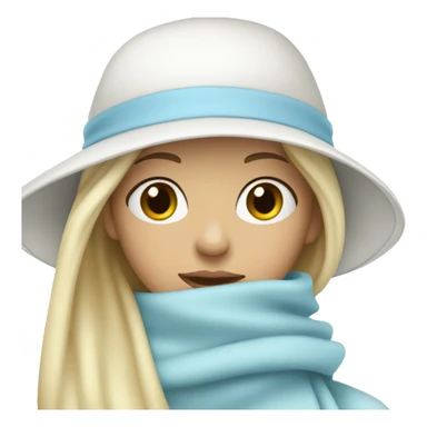 blonde girl in a white hat and pastel blue scarf covering half of her face sticker