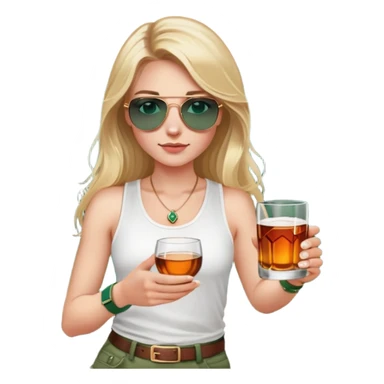 girl with long blond hair
with blue eyes
and aviator sunglasses
wearing white tank top 
holding a glass of whiskey 
wearing rose gold apple watch with forest green band  sticker