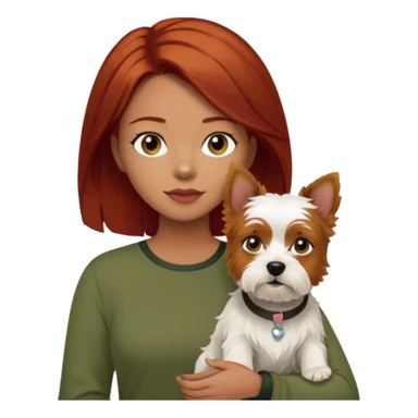 Westhighland white terrier dog being held by woman with dark shoulder length red hair and hazel eye wearing olive green top sticker