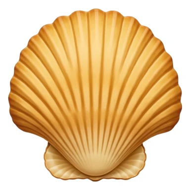 A madeleine pastry. Scalloped seashell shape with four to five vertical lines going in the same direction. Light golden brown. Scalloped edge. Cookie. Flat. Long. Oval shape sticker