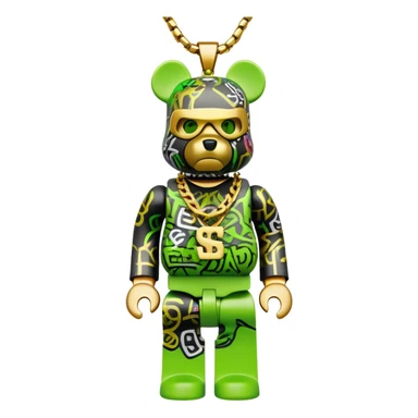 classic bearbrick figure with lime green mask covered in chaotic brand logos, wearing several large gold chains, gold pendant, rapper style accessories, expressive eyebrows sticker