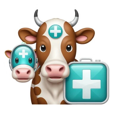 Emoji-style icon of a cow and buffalo with a medical cross and scan frame overlay, representing disease detection and health analysis. Friendly, clean, rounded design, clear at small sizes, teal and white accents, no text, transparent background. sticker