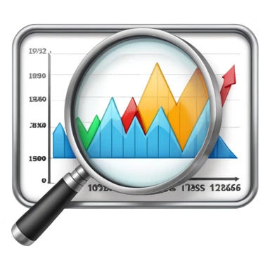 magnifying glass examining a downward trending chart, decreasing graph sticker