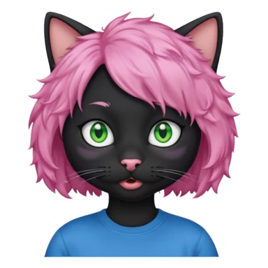 a Black cat wearing a short curly pink hair wig, blue T-shirt sticker