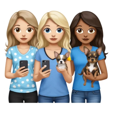 Three women in summer clothes holding iPhones, hazel eyed light skin with dark blonde long hair and Brown eyed,light skin,black long wavy hair, blue eyed light skin long blonde hair with 2 dogs, blue spotted Merle Frenchie and black and tan chihuahua  sticker