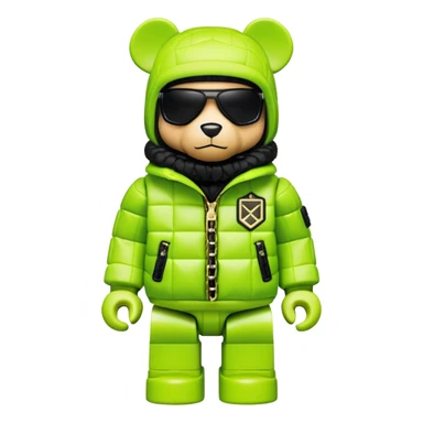 ultra-detailed bearbrick figure with perfect cube head and geometric body, wearing premium lime green balaclava with sleek integrated black visor lens at eyes, luxury oversized designer puffer jacket with prominent logo and lavish fur trim collar, heavy gold chains, streetwear icon sticker