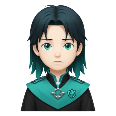 Tokito Muichiro emoji style — calm boy with long black hair fading mint green, turquoise eyes, pale skin, dreamy face, wearing dark Demon Slayer uniform, black + teal tone, anime cute clean style. sticker