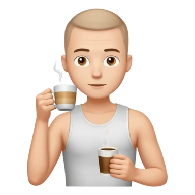 a white short guy wearing a white tank top with a buzz cut drinking a cup of coffee sticker