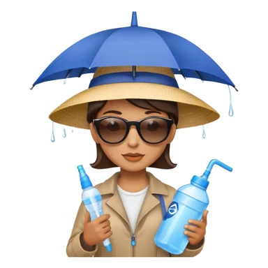 Person with an umbrella, gallon of water, hat, and sunscreen sticker