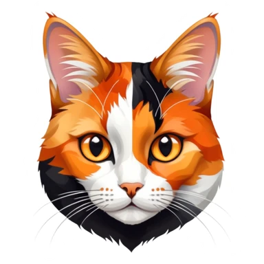 cinematic-noble-calico-cat-portrait-emoji,-poised-and-regal,-with-a-striking-patchwork-fur-in-vibrant-orange,-black,-and-white-hues,-delicate-whiskers-and-a-refined,-focused-gaze,-simplified-yet-exquisitely-detailed,-glowing sticker